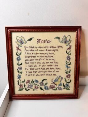 Vintage Brown Framed Floral Cross-Stitch "Mother" Wall Art Mother’s Day